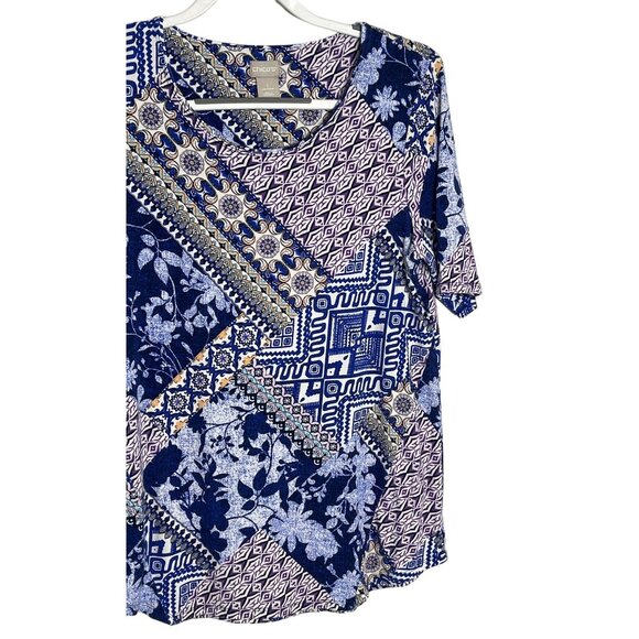 Chicos Blue Patchwork Print Blouse Medium Short Sleeve Boho Floral Top - Picture 3 of 12